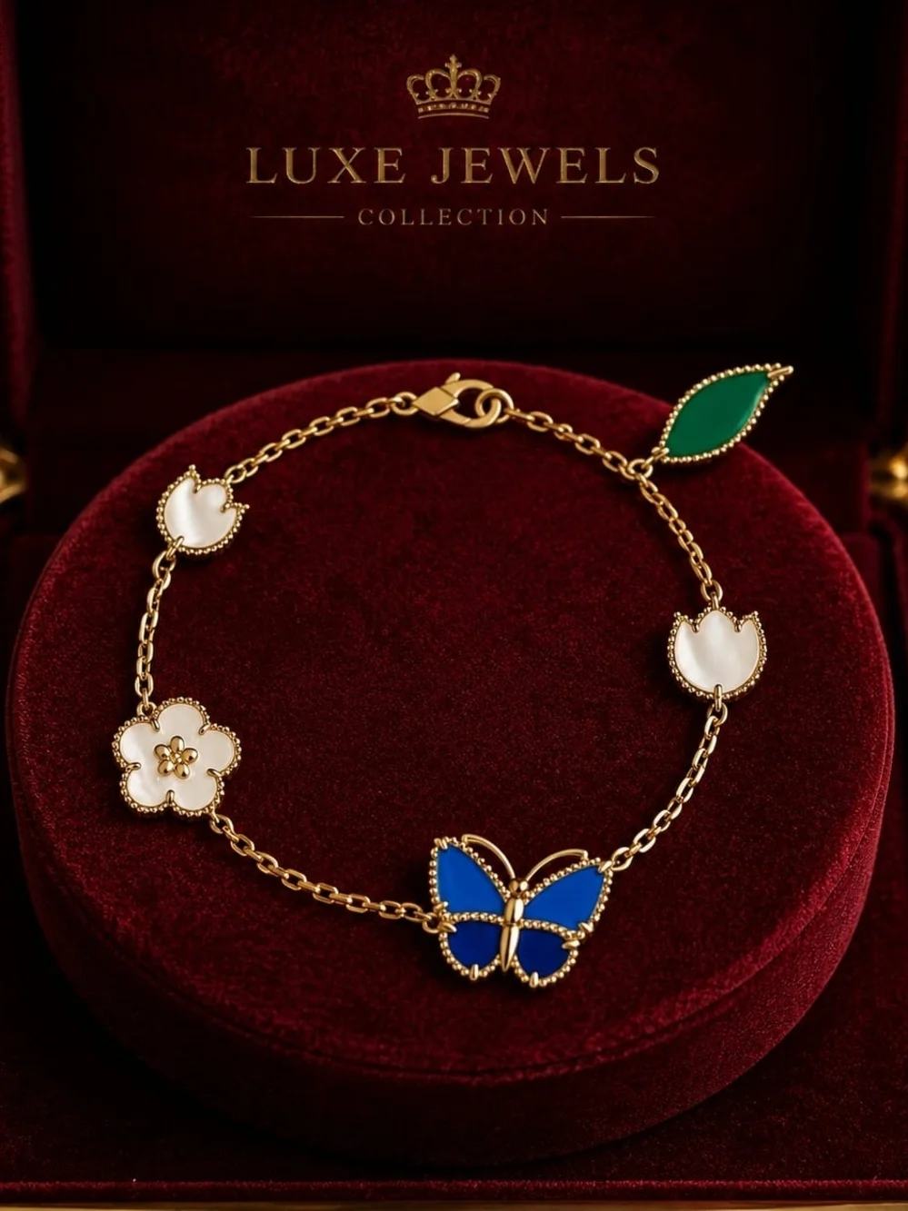 Gold Charm Bracelet with Blue Butterfly and Mother-of-Pearl Accents